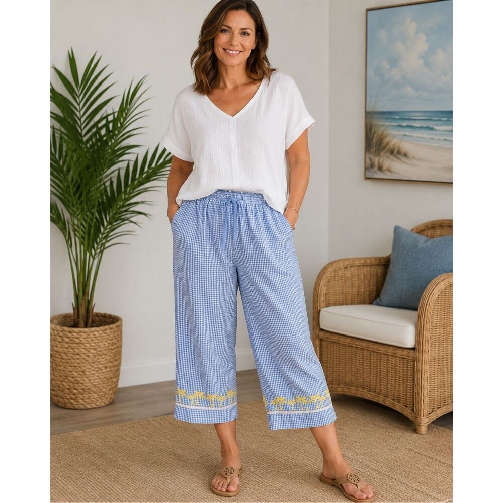 Karen Scott Sport M Blue White Gingham Capri Pants Palm Tree Coastal Resort
